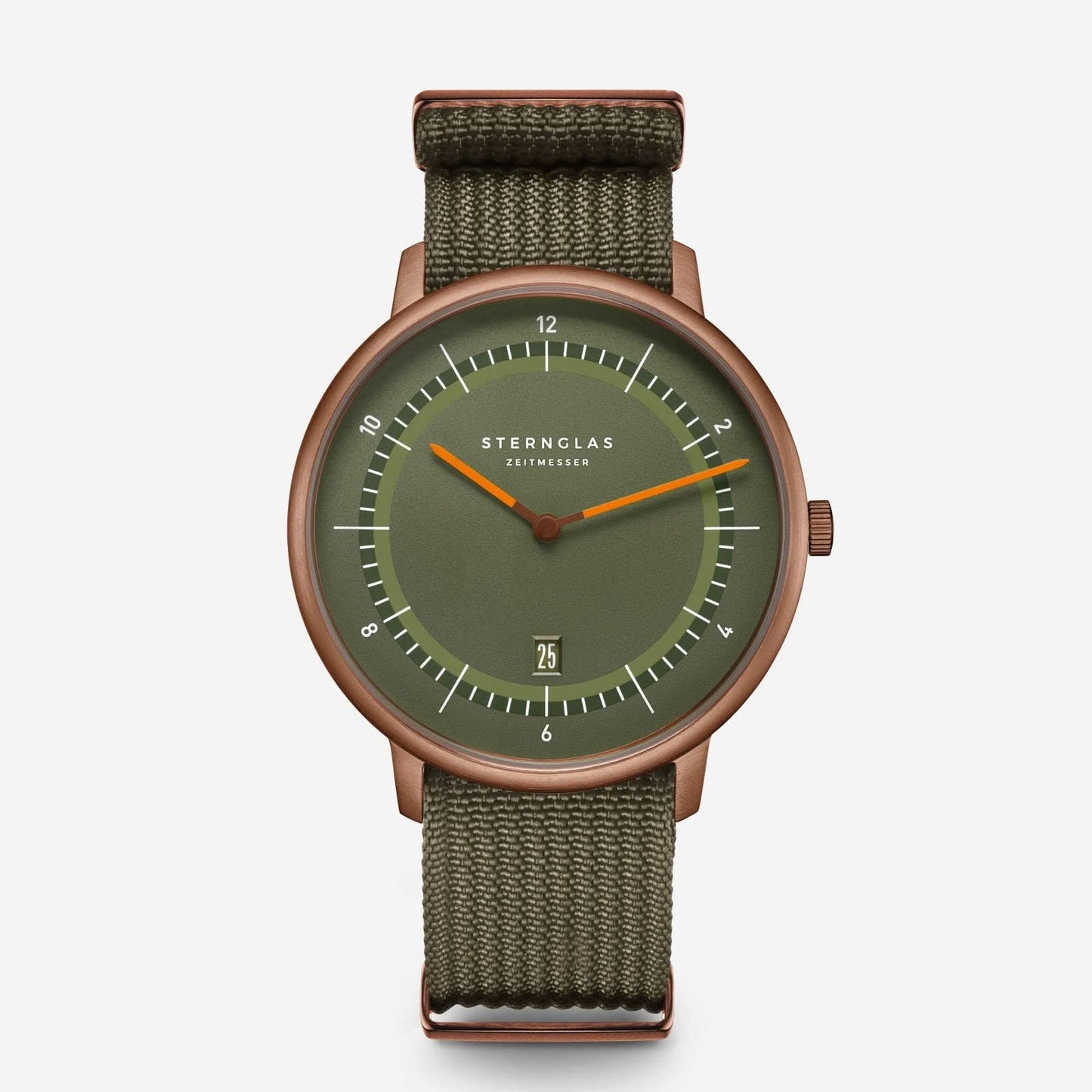 Unisex-klocka med rund boett, grön urtavla och olivfärgat textilarmband.