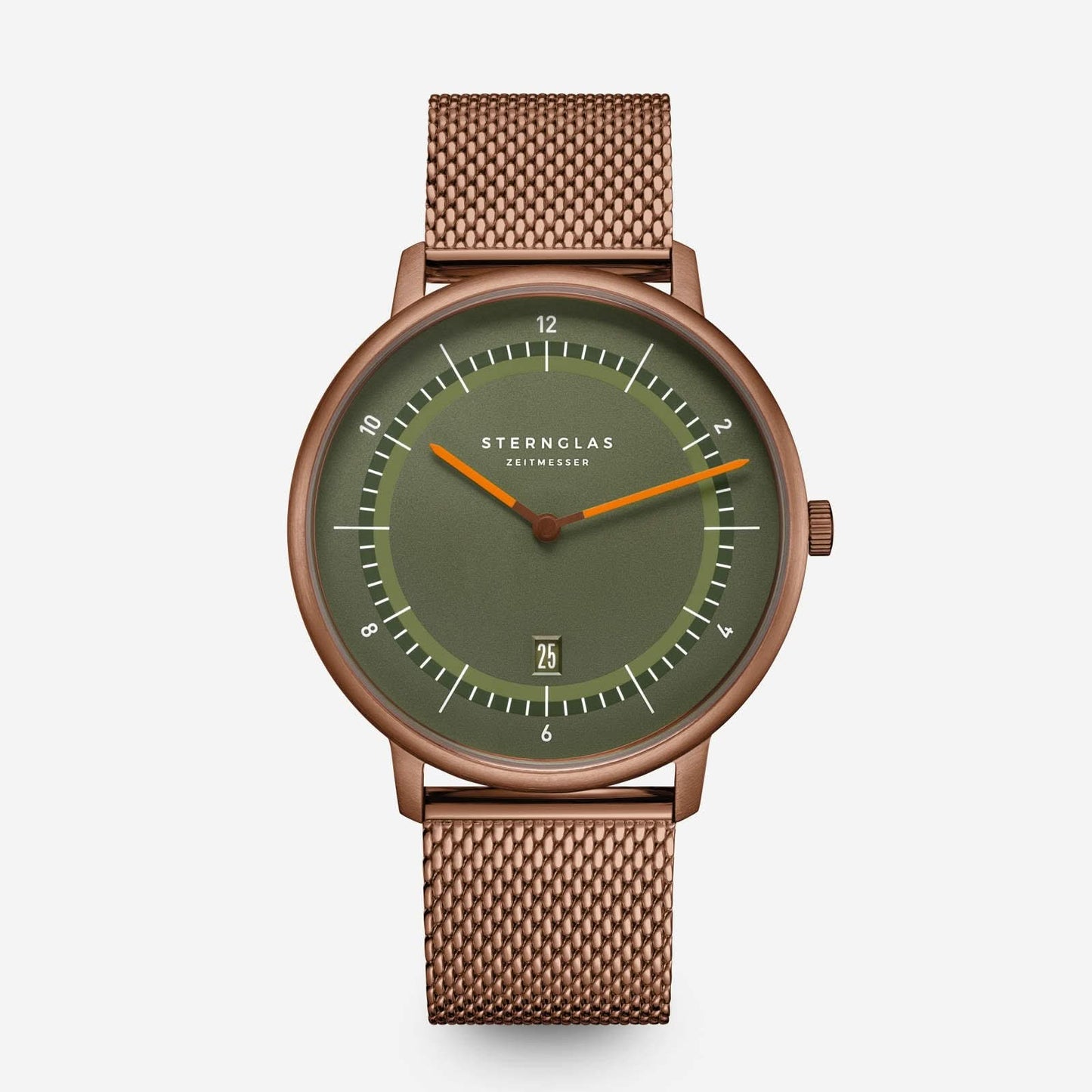 Unisex-klocka med rund boett, grön urtavla och armband i brunt metallnät.