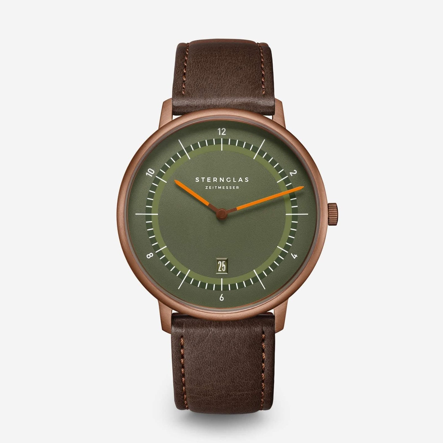 Unisexklocka med rund boett, grön urtavla och brunt läderarmband.