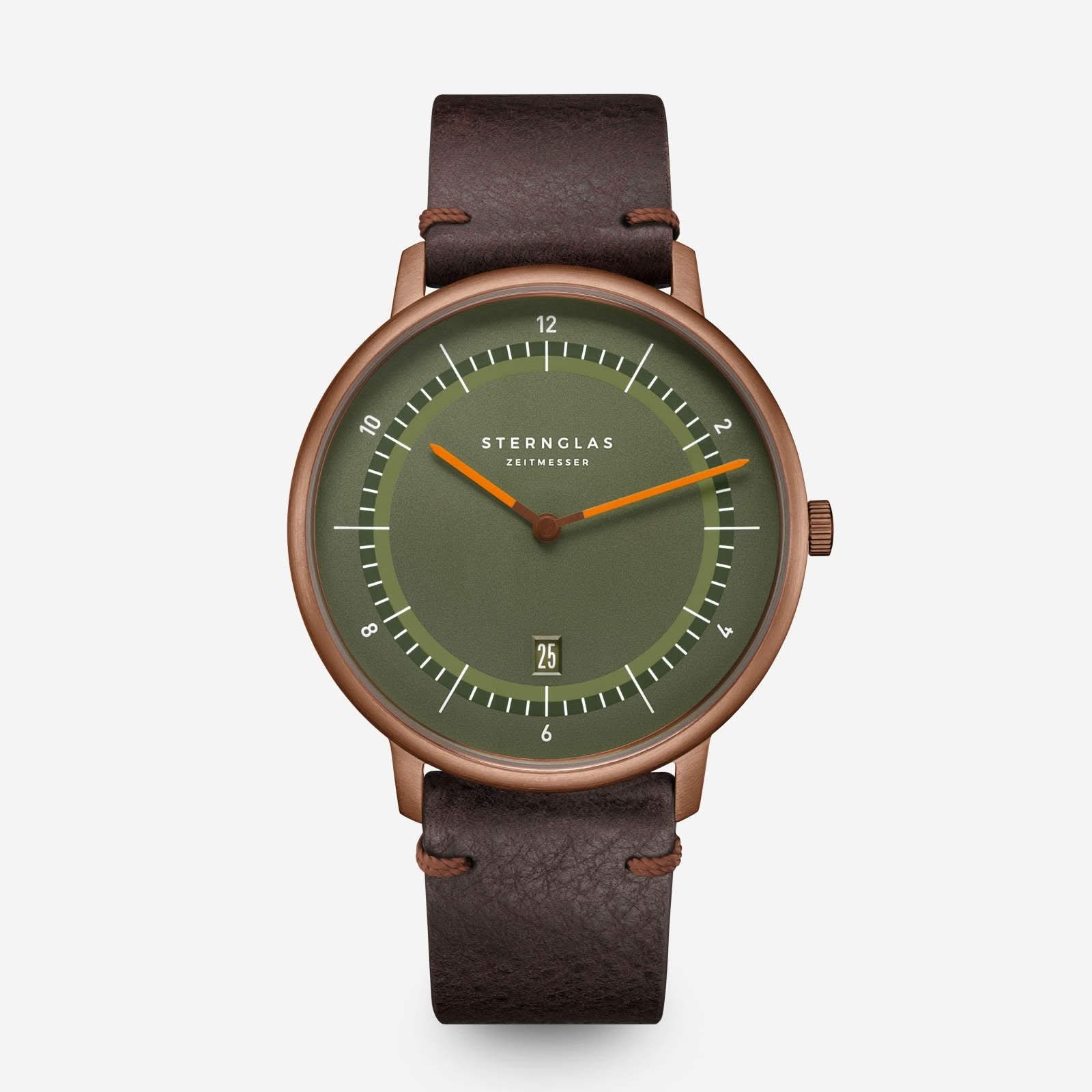 Unisex-armbandsur med brunt läderband, olivgrön urtavla och runt roséguldskal
