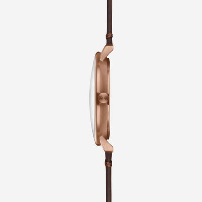 Unisex-klocka? nej: Unisex-armbandsur sidovy med brunt läderband och roséguldskal
