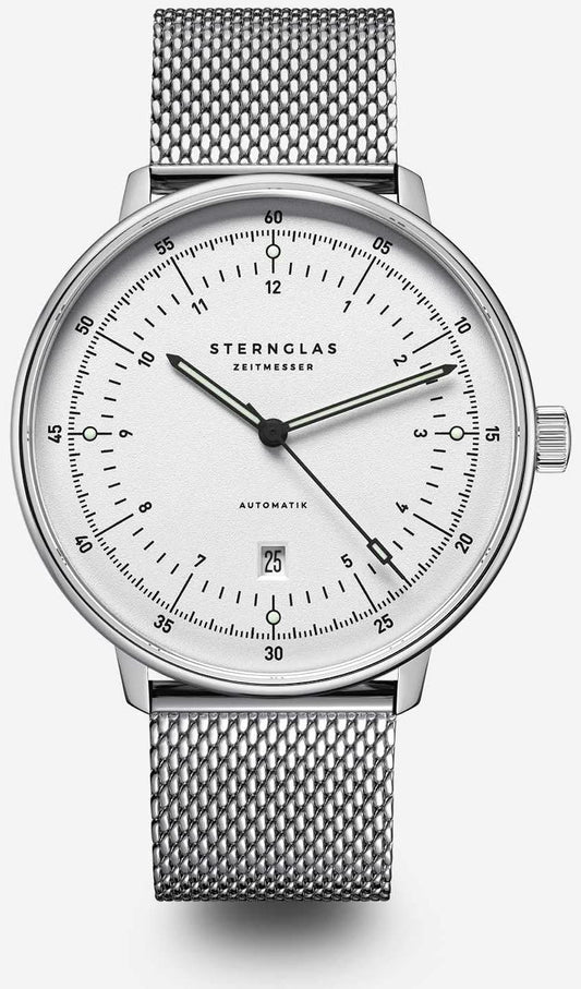 Herrarmbandsur med silverfärgat mesh-armband och vit urtavla, datumfönster