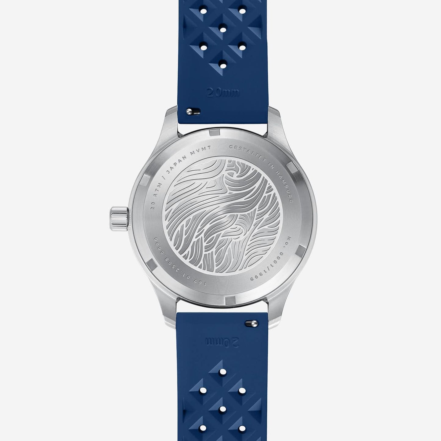 Baksida på herrarmbandsur: silverfärgat hölje med relief och blått armband.