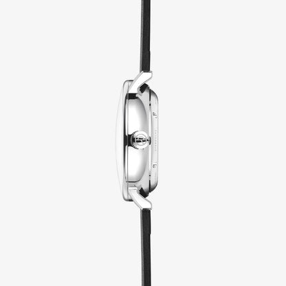 Herrklocka, sidovy: silverfärgat hölje med svart läderarmband.