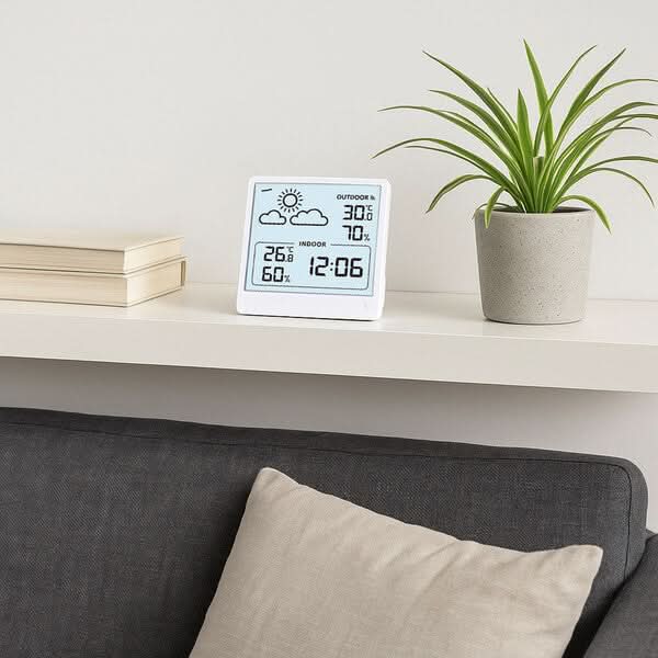 Plastväderstation på hylla, digital temperatur- och fuktighetsdisplay