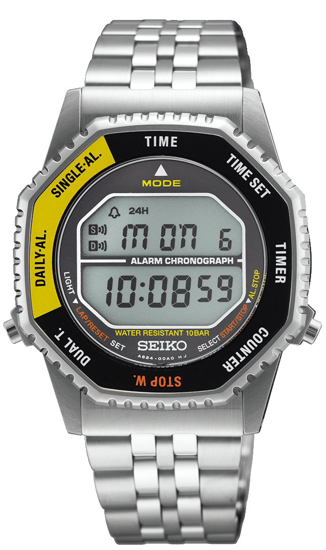 Seiko herrarmbandsur: metallarmband, svart digital urtavla, gula accenter