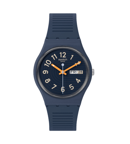 Swatch Originals Medium SO28I700 Trendy Lines at Night Armbanduhr Dunkelblau • Biosourced Gehäuse & Glas • Tag-Datum-Anzeige