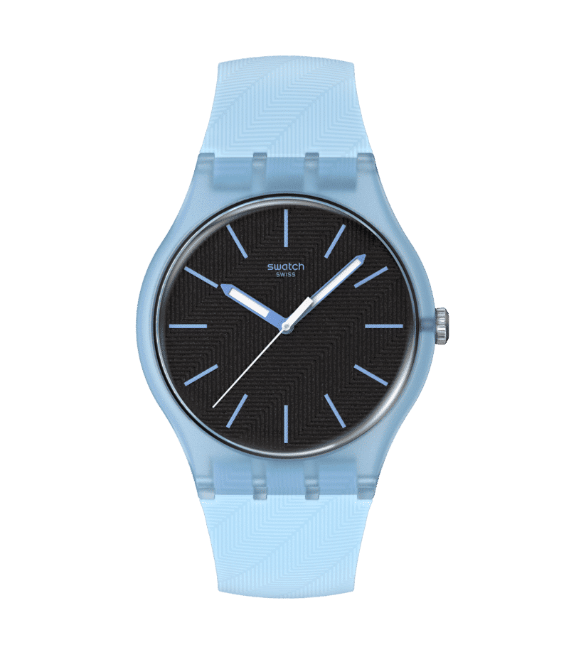 Swatch Originals Large SO29L101 Armbanduhr Hellblau • Leuchtzeiger • Biosourced-Gehäuse