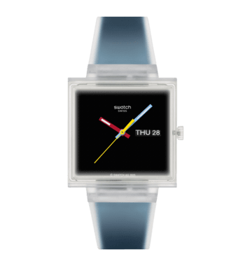 Armbanduhr mit blauem Armband, schwarzem Zifferblatt und transparentem Gehäuse
