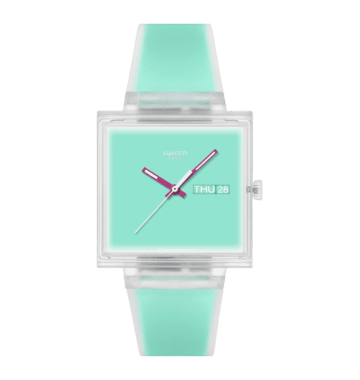 Mintfarbene Armbanduhr mit transparentem Gehäuse, rosa Zeigern und Anzeige THU 28