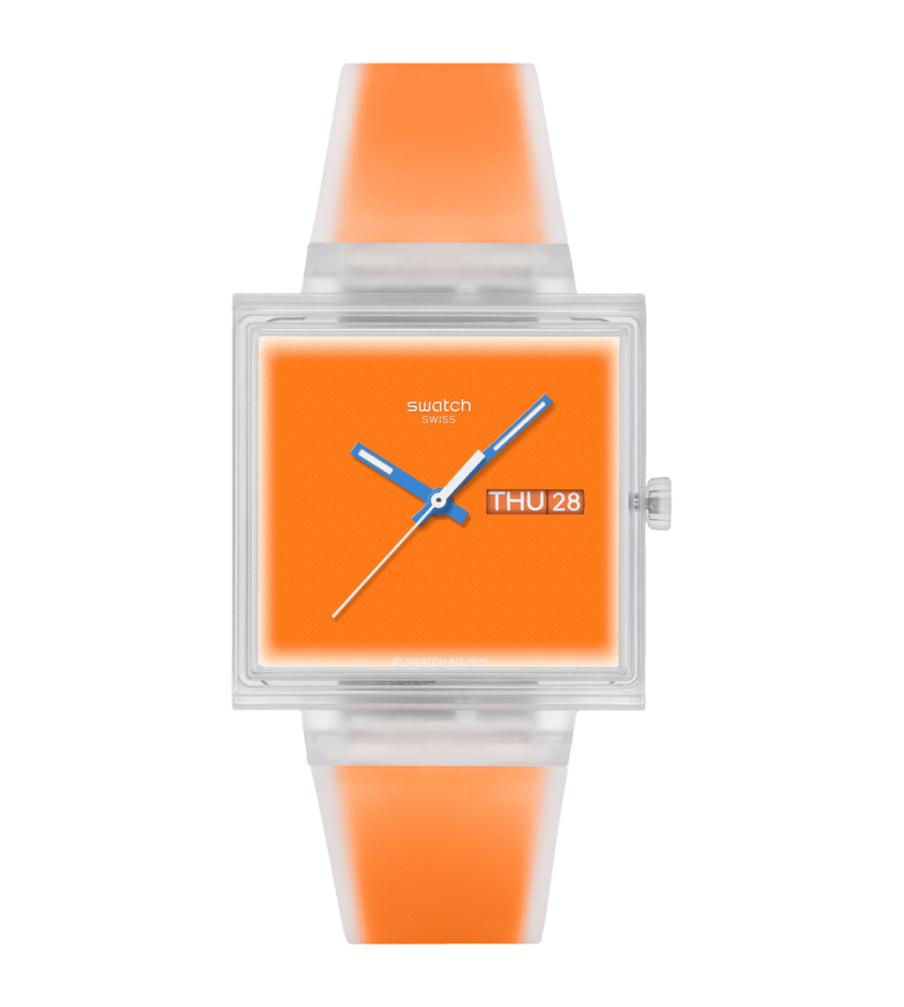 Neonorange Armbanduhr mit transparentem Gehäuse, orangefarbenem Zifferblatt und blauen Zeigern
