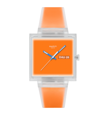 Neonorange Armbanduhr mit transparentem quadratischem Gehäuse, orangenem Zifferblatt und blauen Zeigern
