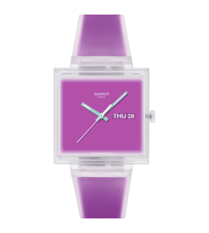 Swatch Armbanduhr mit quadratischem, transparentem Gehäuse und violettem Zifferblatt