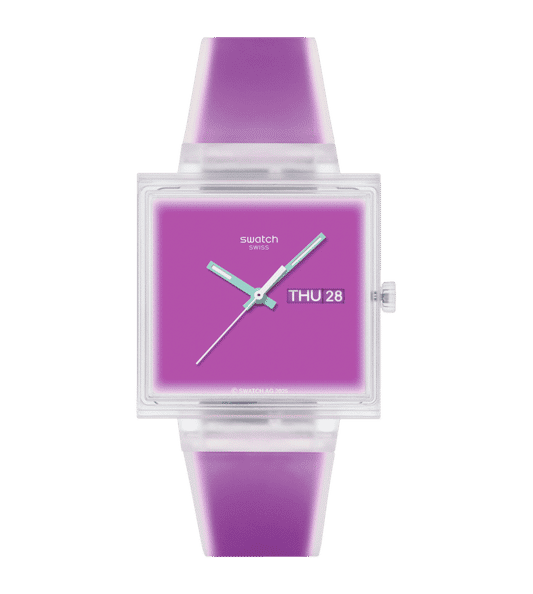 Swatch Armbanduhr mit quadratischem, transparentem Gehäuse und violettem Zifferblatt