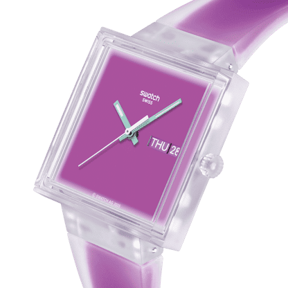 Swatch Armbanduhr, schräg: quadratisches transparentes Gehäuse, violettes Zifferblatt, grüne Zeiger
