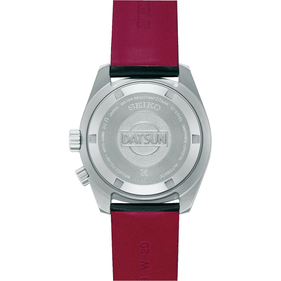 Seiko Prospex herrur med Datsun-bakboett och rött läderarmband.