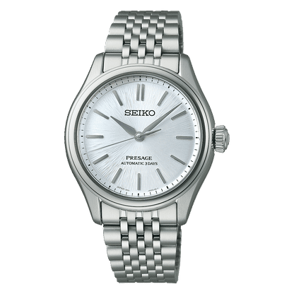 Seiko Presage herrklocka med silverfärgad urtavla och armband i rostfritt stål