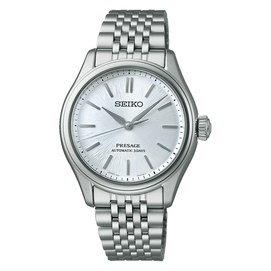 Seiko Presage herrklocka med silverfärgad urtavla och armband i rostfritt stål