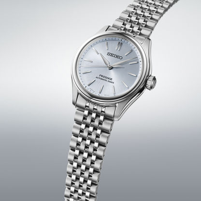 Seiko Presage herrklocka, silverfärgad urtavla, armband i rostfritt stål, sidovy