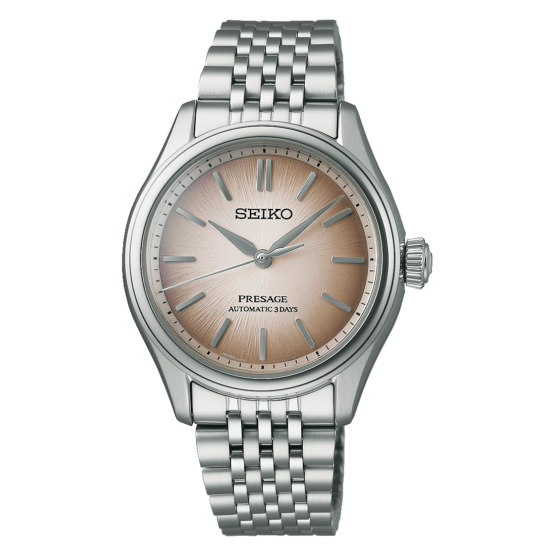 Seiko Presage herrklocka med roséfärgad urtavla och armband i rostfritt stål