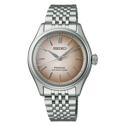 Seiko Presage herrklocka med roséfärgad urtavla och armband i rostfritt stål