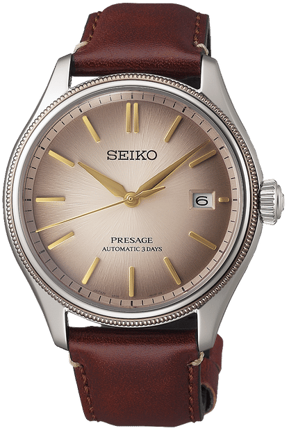 Herrklocka med brunt läderarmband och beige urtavla, förgyllda visare