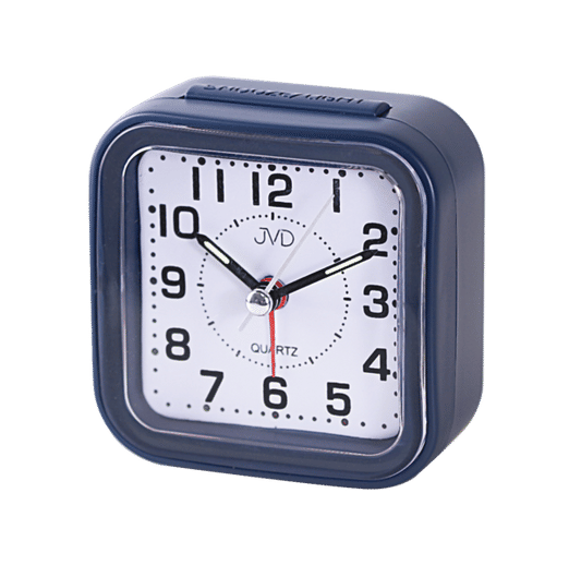 Analog väckarklocka med blått hölje, rund analog urtavla med siffrorna 1–12, JVD Quartz