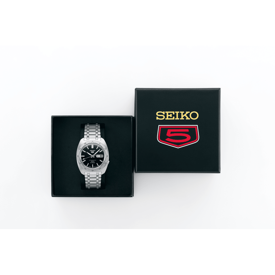 Herrarmbandsur i set med två svarta lådor, Seiko 5-logotyp
