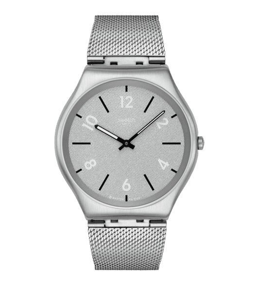 Swatch New Skin Irony SS07S152M Getting meshy Armbanduhr Silber • Leuchtende Zeiger • Mesh-Armband