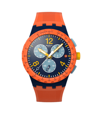 Swatch CAMO FLASH SUSI400 Herren Armbanduhr Dunkelblau • Chronograph mit Leuchtzeiger • Datumsanzeige bei 3 Uhr