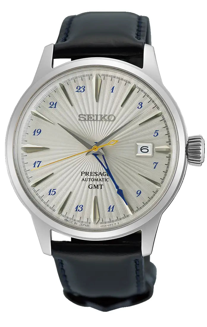 "Seiko herrklocka med silverfärgad urtavla och svart läderband, GMT-visning"