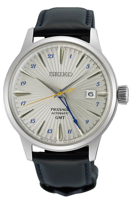 "Seiko herrklocka med silverfärgad urtavla och svart läderband, GMT-visning"
