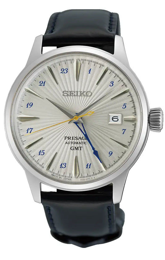 "Seiko herrklocka med silverfärgad urtavla och svart läderband, GMT-visning"