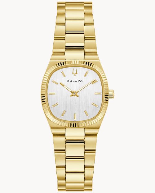 Bulova Super Seville Damenarmbanduhr mit goldfarbenem Metallband, weißem Zifferblatt