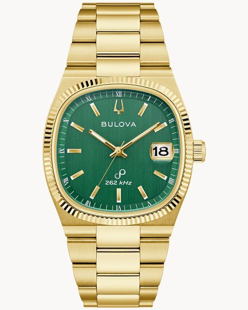Bulova Herrenarmbanduhr mit grünem Zifferblatt, goldfarbener Edelstahlkette, Datumsanzeige 18