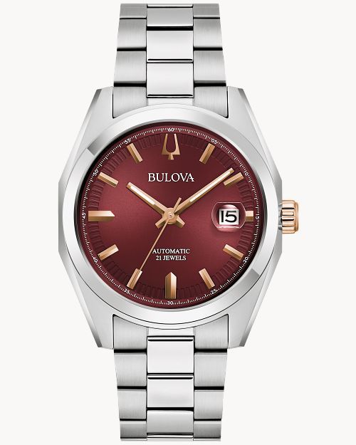 Herrenautomatikuhr mit weinrotem Zifferblatt, Stahlband, Datumsfenster bei 15