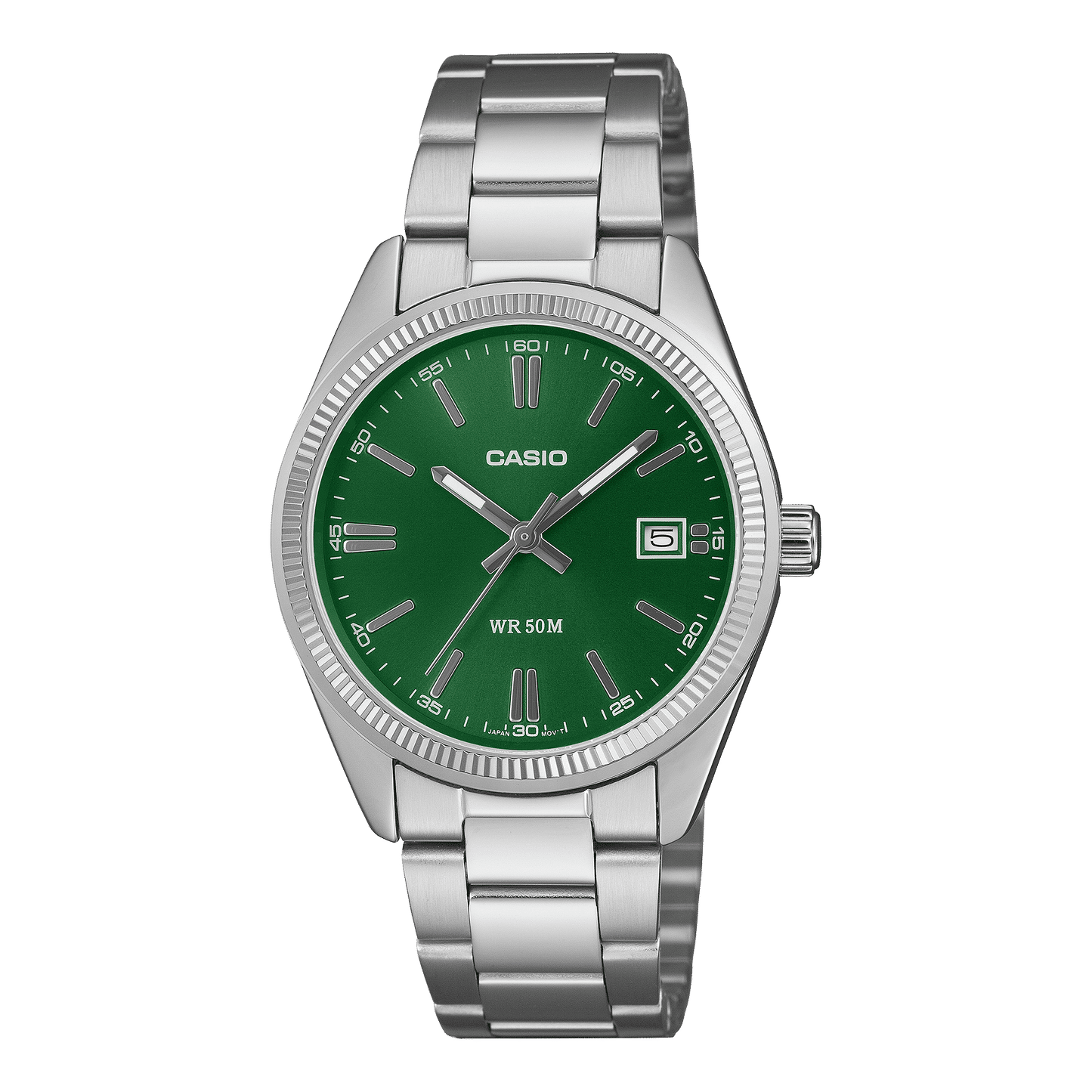 Casio Armbanduhr mit grünem Zifferblatt und Datumsfenster bei 3, Metallarmband