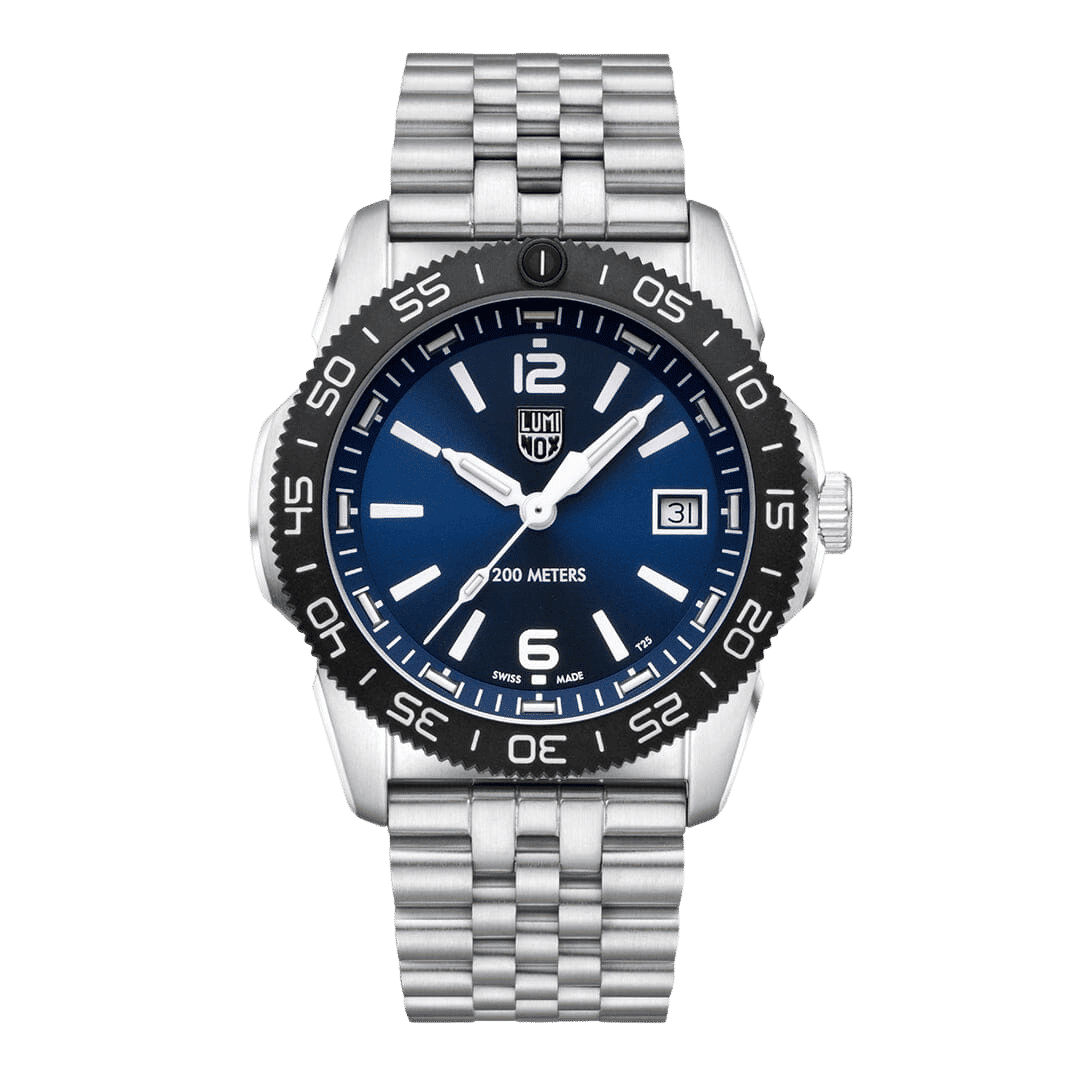 Damklocka med blå urtavla, självlysande markörer, datumfönster och armband i rostfritt stål
