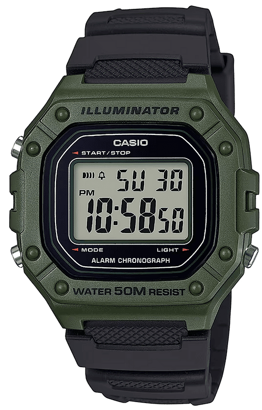 Casio Vintage digital klocka med grönt hölje, svart armband och digital display