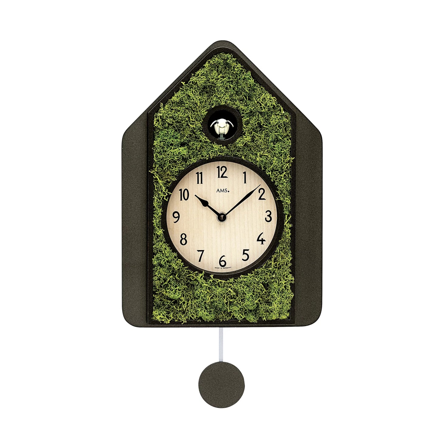 Väggklocka med trähölje och moss-look, urtavla, pendel och gökur-öppning