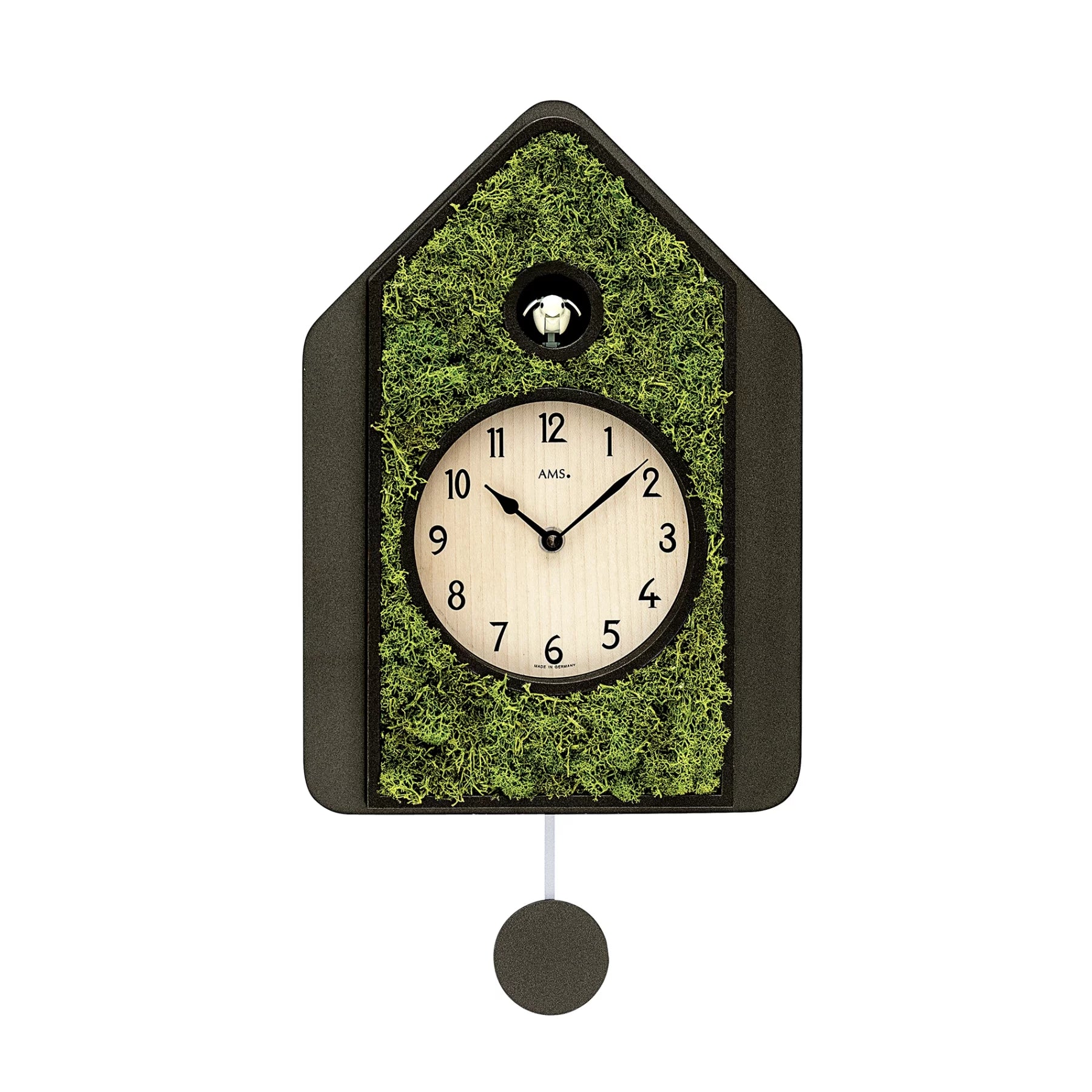 Väggklocka med trähölje och moss-look, urtavla, pendel och gökur-öppning
