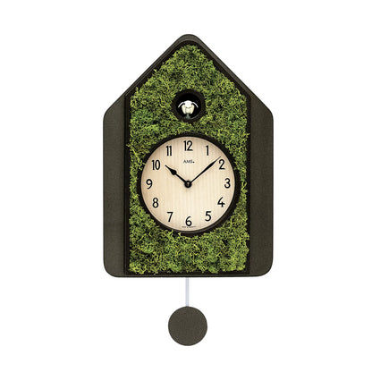 Väggklocka med trähölje och moss-look, urtavla, pendel och gökur-öppning