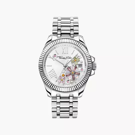Thomas Sabo WA0381-201-201 Damen Armbanduhr Silber • Blumenmotiv mit Zirkonia-Steinen • Mineralglas mit Saphirbeschichtung