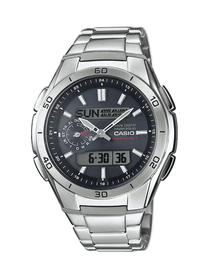 Casio herrarmbandsur med silverfärgat metallarmband, svart urtavla och datum