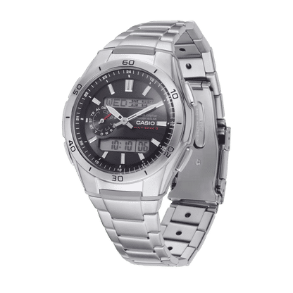 Casio herrarmbandsur med silverfärgat hölje och armband, krona på sidan, svart urtavla
