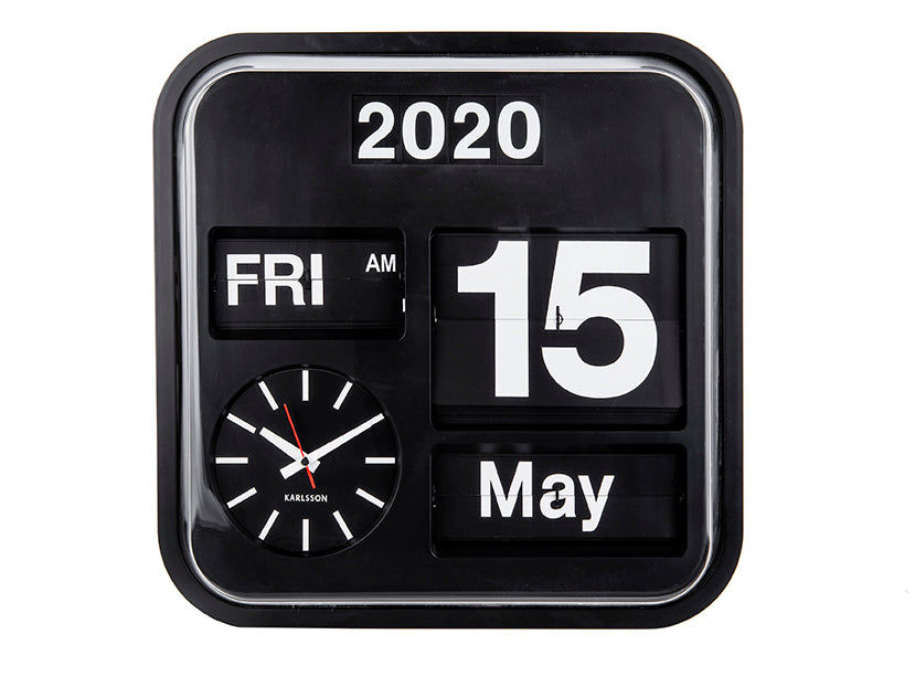 Svart väggklocka med fällbara siffror, visning: 2020, FRE, 15 maj