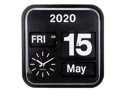 Svart väggklocka med fällbara siffror, visning: 2020, FRE, 15 maj