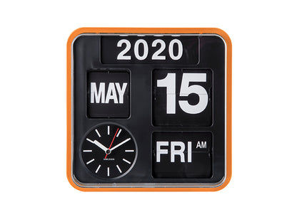 Mini-väggklocka med fällbara siffror, orange ram; visning 2020, MAJ, 15, FRE FM, visarklocka