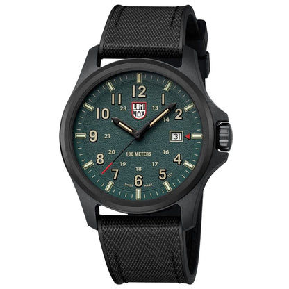 Luminox herrklocka med runt svart boett, blågrön urtavla, textilband