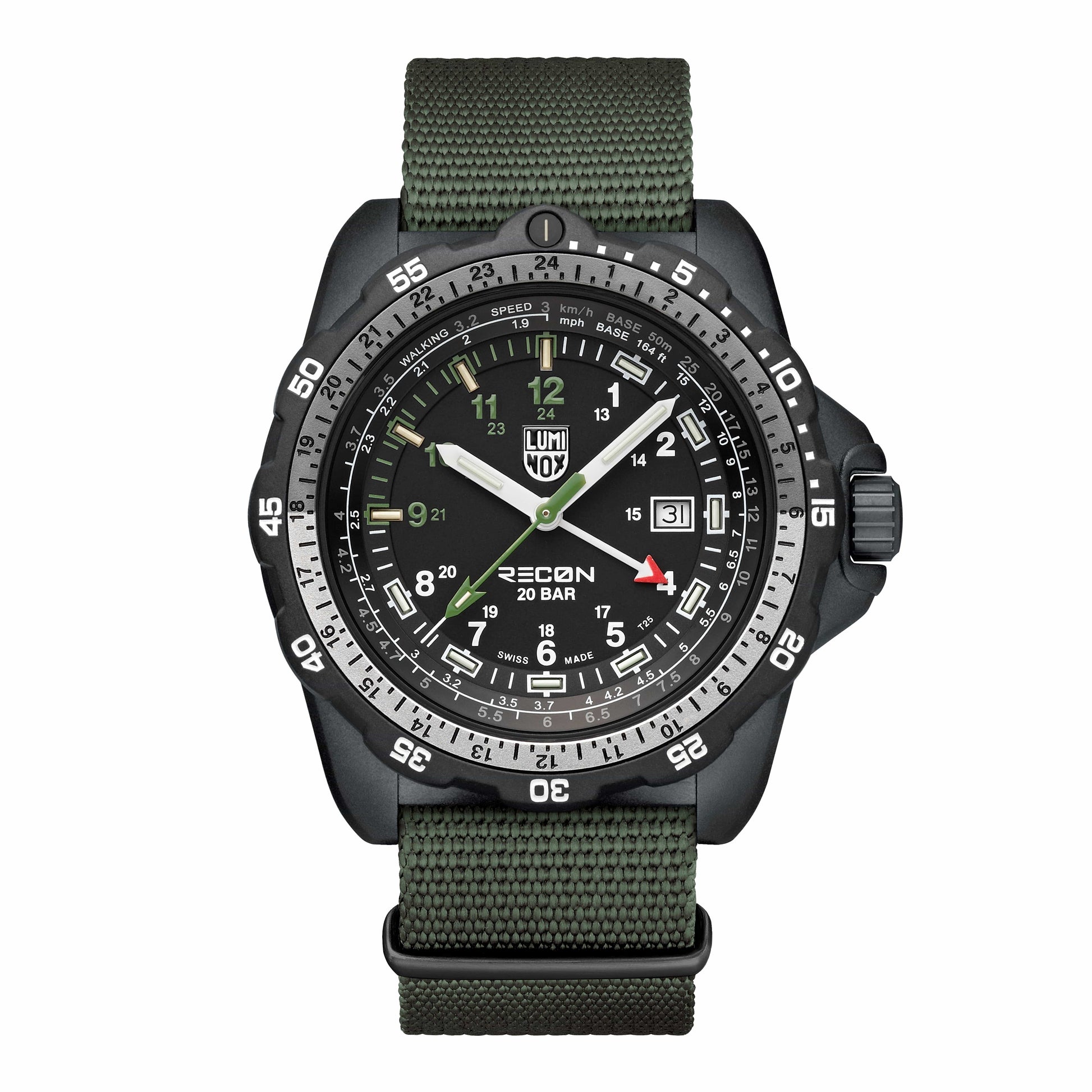 Luminox RECON-herrur med svart boett, svart urtavla och grönt textilarmband